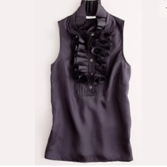 J. CREW Silk Frances Blouse Black Top Ruffle Feont Neckline Shirt Sleeveless - Picture 7 of 9